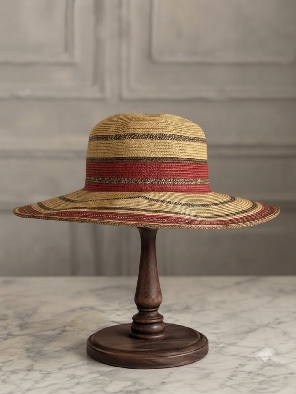 Straw Wide Brim Sun Hat - Natural Tan with Red & Brown Stripe Detail